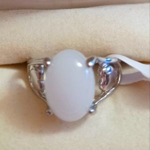 Double Hearts White Agate Gemstone Ring - Size 8.5
